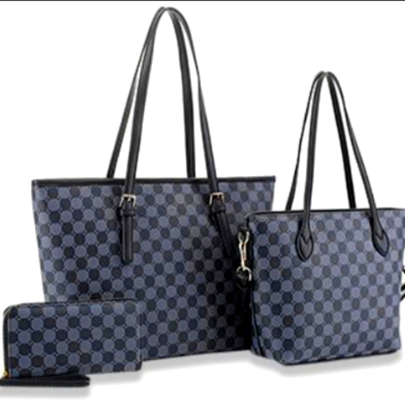 Handbags - Blue and Black Vegan Leather Tote Handbag Set